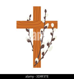 Osterkreuz mit katzenzweigen, christliches Frühlingsferiensymbol, Palmensonntag und Auferstehungskonzept, religiöse Feier, glaube und Hoffnung Design- V Stock Vektor