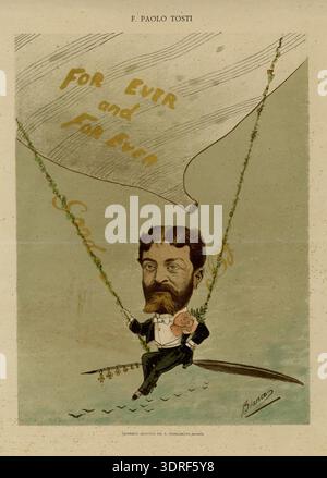 Chromolithographie und Buchdruckkarikaturporträt von Paolo Tosti, um 1887. Die Figur in voller Länge zeigt nach vorne, sitzt auf einer verzierten Feder, die an einem Heißluftballon hängt. Das Kunstwerk hebt den Karikaturstil des 19. Jahrhunderts, die Drucktechniken und die spielerische Übertreibung des Themas in der europäischen künstlerischen Praxis hervor. Stockfoto