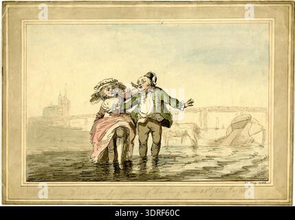 Diese handkolorierte Zeichnung „The Putney Disaster“ aus dem Jahr 1786 zeigt einen Mann und eine Frau, die aus dem flachen Wasser gehen. Der Mann unterstützt die Frau an ihrer Taille, während sie seine Perücke in der Warteschlange hält. Ein Pferd steht im Wasser und kippt einen Wagen. Im Hintergrund befinden sich die Putney Bridge und eine Kirche. Die Zeichnung veranschaulicht Erholungs- oder Katastrophenszenen aus dem späten 18. Jahrhundert, sorgfältige Beobachtung und Komposition mit narrativer Klarheit. Stockfoto