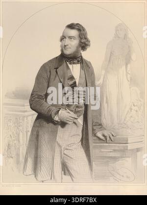 Diese von Charles Baugniet erstellte und von M & N Hanhart gedruckte Lithografie von 1847 zeigt John Thomas in einem dreiviertel langen Porträt, stehend und nach links blickend. Er hält einen Meißel in der rechten Hand. Der Druck zeigt lithographische Techniken aus der Mitte des 19. Jahrhunderts, Aufmerksamkeit auf Körperhaltung, Gesten, Kleidung, Gesichtsausdruck, und die berufliche Identität, die die Konventionen der Porträts und die künstlerische Darstellung von Handwerkern oder Fachleuten in Europa widerspiegelt. Stockfoto