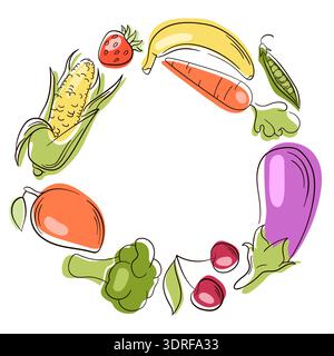 Obst- und Gemüsekranz in flacher Form. Illustration kreisförmiger Rahmen mit Banane, Karotte, Mais, Auberginen und Beeren isoliert auf weiß für gesund Stock Vektor