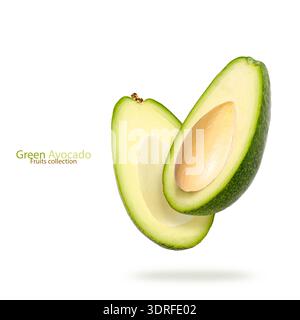 Schneidet grüne Avocado Zutano, die isoliert auf weißem Hintergrund fliegt. In Scheiben geschnittene halbe Avocado und Samen fallen. Obstsammlung Stockfoto