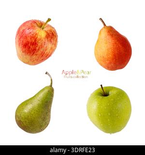 Rote, grüne und gelbe frische Birnen und Äpfel mit Wassertropfen isoliert auf weißem Hintergrund. Fruits Set Kollektion für Ihr Design Stockfoto