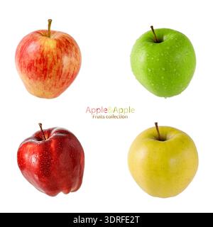 Rote, grüne und gelbe frische Äpfel mit Wassertropfen isoliert auf weißem Hintergrund. Fruits Set Kollektion für Ihr Design Stockfoto