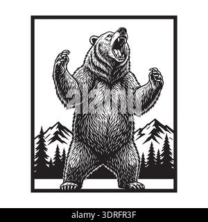 Stehender Grizzlybär Roaring Mountain Forest Holzschnitt Vektor Illustration Kunst Stock Vektor