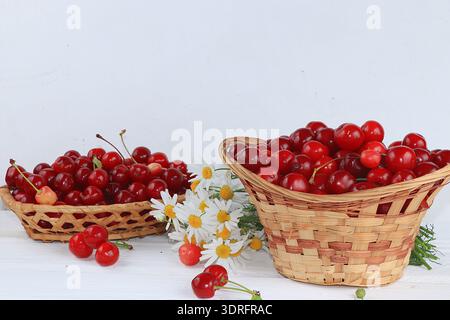 Frische Kirschen Beeren in einem Korb auf einem Leuchttisch, süße Kirschen auf einem hölzernen hellen Hintergrund, selektiver Fokus, gesunde Pause Stockfoto