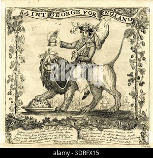 Dieser Druck aus dem Jahr 1781 zeigt einen Seemann, der auf dem britischen Löwen reitet, der ein Schwert und einen schäumenden Tankard mit einem Lendenwirbel aus Rindfleisch hält. Der Löwe trägt Rosen und legt eine Pfote auf einen Pflaumenpudding. Sein Hut zeigt St. Georges Kreuz mit Eichenblättern und Eicheln. Schiffe in voller Segel, Rauch aus einer Seeschlacht und Wolken sind dahinter sichtbar. Das Design verfügt über eine dekorative Borte mit Hopfen, Eichenblättern, Weizen, Rosen und einer Körnerschale. Der eingravierte Titel und die detaillierte Komposition betonen die Marinesymbolik, das Kostüm, die heraldischen Bilder und die feierliche Ikonographie der Mitte des 18. Jahrhunderts. Stockfoto