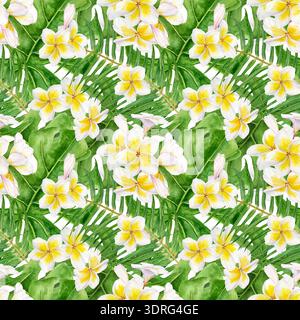 Nahtloses tropisches Aquarellmuster mit weißen Plumeria-Blüten mit gelben Zentren, Monstera und Palmblättern. Botanischer Exotic-Wiederholungsdruck für Stockfoto