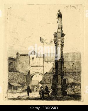 Diese Ätzung aus dem Jahr 1841 zeigt den alten Fischmarkt in Antwerpen und zeigt einen ummauerten Platz mit Ständen und Ständen. Auf der rechten Seite steht eine Säule mit einem Brunnen an der Basis, gekrönt von einer Statue der Jungfrau mit Kind und angebrachter Laterne. Mehrere Personen sind auf dem Platz und an den Verkaufsständen anwesend. Der Druck veranschaulicht städtische kommerzielle Aktivitäten aus der Mitte des 19. Jahrhunderts, architektonische Merkmale, Gestaltung des öffentlichen Raums, soziale Interaktion und detaillierte figurale Darstellung in flämischer Ätzung. Stockfoto