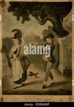 Dieser handkolorierte Mezzotint aus dem Jahr 1780 mit Ätzung „Jack on a Cruise“ zeigt einen Seemann, der einer jungen Frau folgt, die durch einen Park spaziert. Sie trägt einen großen Hut, einen knöchellangen Rock, einen Unterrock mit auskragenden Paniern und hält einen geschlossenen Schirm. Der Matrose trägt eine gestreifte Hose und ein Cutlas mit einem Stock. Ein kleiner Hund läuft neben ihr. Im Hintergrund befindet sich ein Pavillon mit Kuppel, Giebel und korinthischen Säulen, der Kostüme aus dem 18. Jahrhundert, soziale Interaktion, und Parkarchitektur. Stockfoto