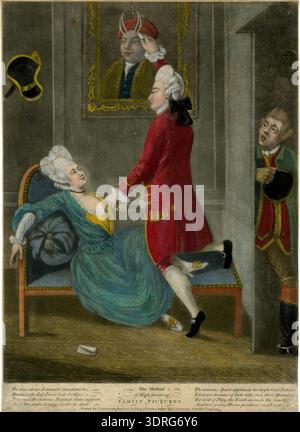 Dieser handfarbige Mezzotint aus dem Jahr 1771 mit dem Titel „die Methode der High-Finishing Family Pictures“ zeigt eine Frau, die auf einer Couch liegt und einen Mann hält, der ihre Hand hält, während sie auf einem Porträt ihres Mannes die Hörner des Cuckold zeichnet. Der Ehemann blickt überraschend an die Tür. Die Szene umfasst einen Buchstaben auf dem Boden, detaillierte Möbel und Kleidung. Der Druck veranschaulicht das britische Hausleben des 18. Jahrhunderts, soziale Interaktion, künstlerische Techniken in Mezzotint und die Darstellung von Erzählungen, Gesten und Ausdrücken innerhalb eines Wohnraums. Stockfoto