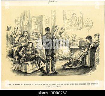 Dieser getönte Holzstich von Georgina Bowers, ein Block von Joseph Swain, der zwischen 1851 und 1909 hergestellt wurde, zeigt eine Gruppe von Damen und Herren in einem Saloon. Im Vordergrund schläft ein Mann auf einem Sofa, während eine Dame Klavier spielt und eine andere einen Ventilator vor einem Klappschirm hält. Die Komposition betont Figurenhaltung, Kostüm, Geste, räumliche Anordnung, Gesichtsausdruck, Details im Innenraum, erzählerische Vorschläge und Illustrationskonventionen aus der viktorianischen Ära, die soziale Interaktion und das häusliche Umfeld hervorheben. Stockfoto