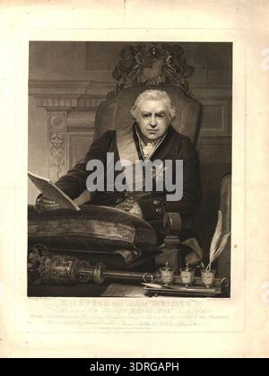 Diese Gravur und Gravur von Niccolo Schiavonetti aus dem Jahr 1812 zeigt Sir Joseph Banks an einem Schreibtisch in Dreiviertelansicht. Er lehnt sich mit seinem linken Ellenbogen auf den Stuhlarm und hält mit der rechten Hand ein Papier auf einem Kissen. Vorne sind eine Keule und ein Tintenständer mit drei Töpfen, einer mit Quillen. Der Stuhl zeigt ein Wappen mit dem Motto der Royal Society „Nullius in Verba“, mit einem Kamin im Hintergrund. Das Porträt betont die Pose, den Gesichtsausdruck, die Kleidung und das akademische Setting. Stockfoto