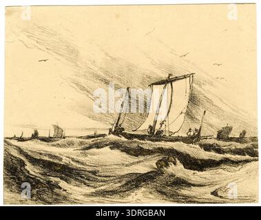 Diese um 1802-1810 gegrabene Ätzung von Louis Thomas Francia zeigt eine Meereslandschaft mit fünf Figuren in einem kleinen Boot, das links über ein abgehacktes Meer segelt. Das Boot hat ein vor- und Rücksegel. Zusätzliche Schiffe stehen am Horizont, was die maritime Tätigkeit betont. Der Druck erfasst Wasserbewegungen, Wellen, Bootsstrukturen, Figuren und Seetechniken. Das Werk untersucht Meereslandschaften des frühen 19. Jahrhunderts, menschliche Aktivitäten auf See und künstlerische Darstellungen nautischer Szenen. Stockfoto