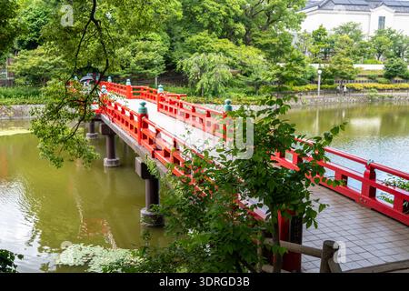 Rote Brücke über den Kawazokoike-Teich im Tennoji Park, Osaka Stockfoto