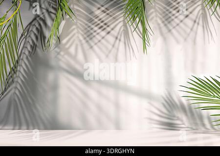 Minimaler abstrakter Hintergrund für die Präsentation von Kosmetikprodukten, leeres Premium-Podium mit Schatten auf sonnigem elegantem Hintergrund, Sum Stockfoto