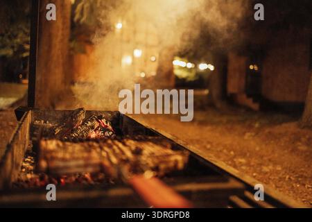 Nahaufnahme eines abendlichen Barbecue im Hinterhof des Hauses. Köstliches saftiges, duftendes Fleisch auf dem Grill und brennende Holzkohle. T Stockfoto