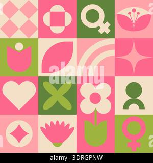 Modernes nahtloses geometrisches Muster für Damen. Muster mit Blumen, Herzen, Blumen und geomertischer Form. Vektorabbildung Stock Vektor