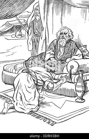 Illustration von Isaak Segen Jacob - Rebekah und Jakobs Täuschung von Isaak Genesis aus dem antiken Kinderbuch die Kindergenese von Cicely F. Stockfoto