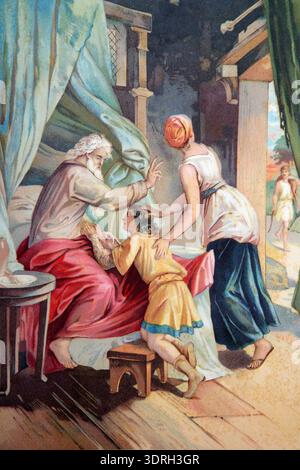 Illustration von Isaac Segen Jacob - Rebekah und Jakobs Täuschung von Isaac Genesis aus den frühen 1900er Jahren Kinderbuch Geschichten von Alt von S.W.Partrid Stockfoto