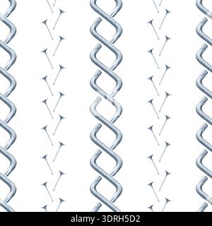 Nahtloses Muster mit Möbelschlüsseln und Nägeln auf isoliertem Hintergrund. Aquarelldarstellung von Metallbauwerkzeugen. Geometrisch vertikal Stockfoto