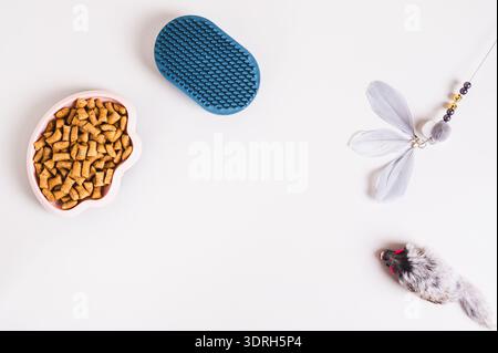 Schüssel mit trockenem Katzenfuttergranulat, Bürste und Spielzeug auf hellem Hintergrund Draufsicht Stockfoto