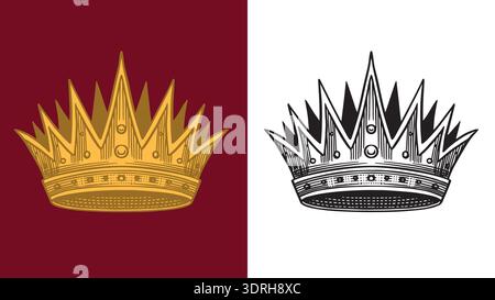 Goldene Krone des heraldischen Königs oder der Königinnen mit Wurzeln für Wappendesign und Schild. Handgezeichneter Stich im alten traditionellen mittelalterlichen Stil, modern Stock Vektor