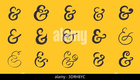 Schwarze handgezeichnete und mit Pinsel gefertigte Ampersands-Symbole. Stift und Tinte, Grunge und andere Stile. Kritzeleien und Kalligrafie-Stil Stock Vektor