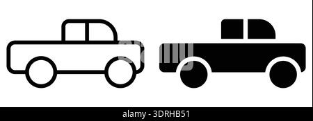 Dieses Bild zeigt minimalistische Schwarz-weiß-Symbole von Pickup-Trucks, perfekt für Grafikprojekte, Illustrationen und Transportthemen. Stock Vektor