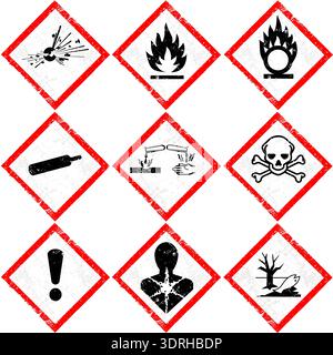 Ein kompletter Satz von 9 GHS Global Harmonized System-Piktogrammen für Gefahrenkommunikation mit einer starken Grunge und einer unauffälligen Textur. Diese industriellen Sicherheitsschilder enthalten Symbole für explosiv, entzündlich, oxidierend, unter Druck stehendes Gas, korrosiv, giftig, reizend, gesundheitsschädlich und umweltverträglich. Perfekt für industrielle Vintage-Designs, Warnschilder, Sicherheitsposter oder thematische Grafikprojekte, die einen verwitterten, abgenutzten Look erfordern. Hochwertige Vektorillustration mit strukturierten Kanten. Stock Vektor