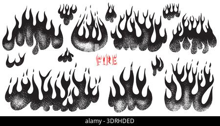 Set aus Silhouette, Flamme und Feuer im Vintage-Stil. Handgezeichnete monochrome, gravierte Lagerfeuerskizze. Vektorillustration für Poster, Banner und Logo Stock Vektor
