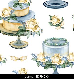 Elegantes, nahtloses Aquarellmuster mit Gourmet-Hochzeitstorten und Blumendesserts. Handgemalte Festkompositionen mit Elfenbeinrosen Stockfoto
