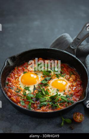 Shakshuka mit Tomaten und Bohnen, Spiegeleier in gusseiserner Pfanne, dunkler Backround, Kopierraum Stockfoto