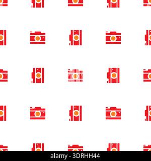 Nahtloses Muster mit flachen Symbolen der Kameras. Farbenfrohe handgezeichnete Digitalkameras Stock Vektor