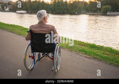Trauriger älterer Mann, der im Rollstuhl sitzt und auf der Straße im Stadtpark im Freien läuft, Rückansicht. Alter gelähmter Mann im Stuhl für Leute mit Stockfoto