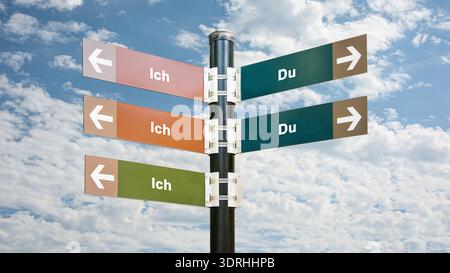 Ein Bild mit einem Wegweiser, der in zwei verschiedene Richtungen auf Deutsch zeigt. Eine Richtung weist auf mich, die andere auf Sie. Stockfoto