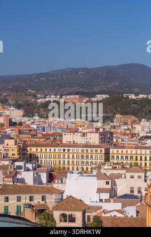 Blick aus einem hohen Winkel auf die klassische mediterrane Architektur in Malaga mit mehrstöckigen Wohnhäusern mit verzierten Fassaden und Terrakottadächern u Stockfoto