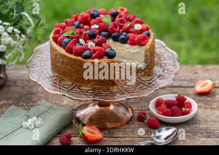 Käsekuchen mit Sommerbeeren auf Holztisch im Garten, rustikaler Stil, Picknick im Freien, selektiver Fokus Stockfoto