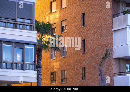 Malaga Spanien architektonisches Detail eines orangen Backsteingebäudes mit Balkonen und einer hohen Palme vor einem klaren blauen Himmel an der Küste Stockfoto