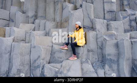 Erkunden Sie den Strand Reynisfjara mit atemberaubenden Basaltsäulen in isländischer Landschaft Stockfoto
