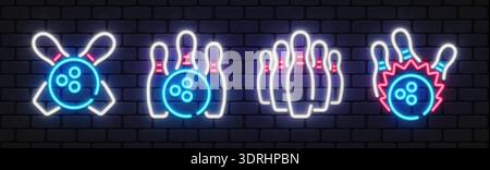 Neon-Vektor-Set mit Bowlingsymbolen auf dunklem Backsteinhintergrund, mit Bowlingkugeln und -Pins in dynamischen Kompositionen. Perfekt für Sport-Branding Stock Vektor