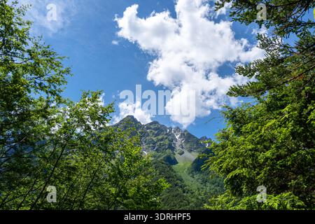Mount Hotaka vom Kamikochi-Wanderweg in Japan aus gesehen Stockfoto