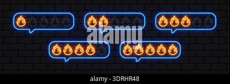 Neonflamme in leuchtenden Chat-Blasen. Helle Feuersymbole zeigen Intensitätsstufen von mild bis maximal an. Toll für scharfe Essenskritiken, Trends oder Stock Vektor