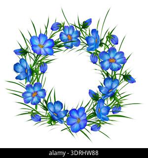 Rundkranz, Rahmen mit Leberblüte, Leberkraut, Blumenpflanze, blühende Leberblüte mit grünen Blättern. Digitales Aquarell Stockfoto
