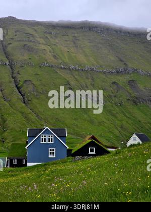 Farbenfrohe Häuser, eingebettet in die dramatischen Klippen der Färöer-Inseln Stockfoto