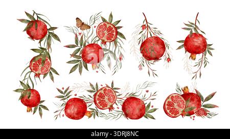 Granatapfel Aquarell Clipart-Set mit geschnittenen Arilen, halbierten Früchten und ganzen Granatäpfeln mit Blättern, verstreuten Samen und Pinselspritzern, vielseitigem Blatt für Muster, handgezeichnetem Clip-Art-Set Stockfoto