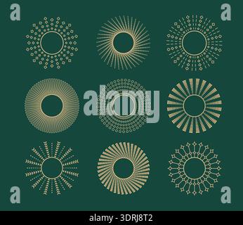 Goldene minimalistische Luxus-Boho-Sonne, Sonnenaufgang, Sonnenuntergang-Symbole untergehen. Böhmische Strahlen, ornamentale Vektorrahmen, Designs für Logo, Karte, Banner, Hintergrund. Stock Vektor