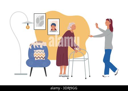 Eine junge Frau besucht ihre ältere Mutter in einer gemütlichen Wohnung. Das Konzept der Vektorillustration der Seniorenpflege. Stock Vektor