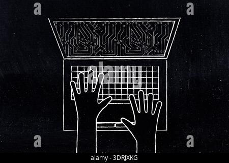 Laptop-Bildschirm mit digitalem Mikrochip-Schaltungsmuster und Handtippen auf der Tastatur, Konzept der künstlichen Intelligenz und die Zukunft der Technologie Stockfoto