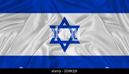 Flagge Israels mit Tuchstruktur; Nahaufnahme der Flagge Israels, die winkt Stockfoto
